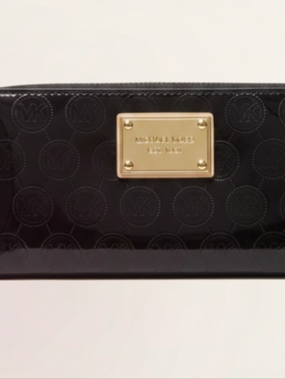 Michael Kors Black Patent Leather Logo Zip Wallet with Gold Plaque